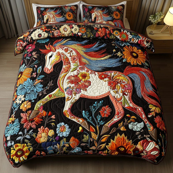Sunset Rider quilted 3-piece bedding set on a made bed with two matching pillow shams