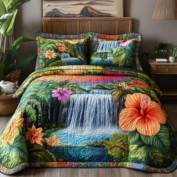Sunset River quilted 3-piece bedding set on a made bed with two matching pillow shams