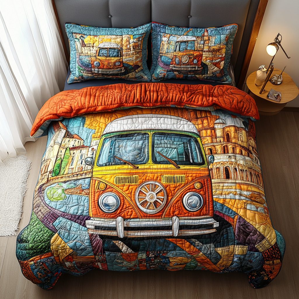 Sunset Road quilted 3-piece bedding set on a made bed with two matching pillow shams