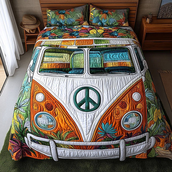 Sunset Road Vibes quilted 3-piece bedding set on a made bed with two matching pillow shams