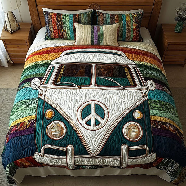 Sunset Scenic Stitches quilted 3-piece bedding set on a made bed with two matching pillow shams