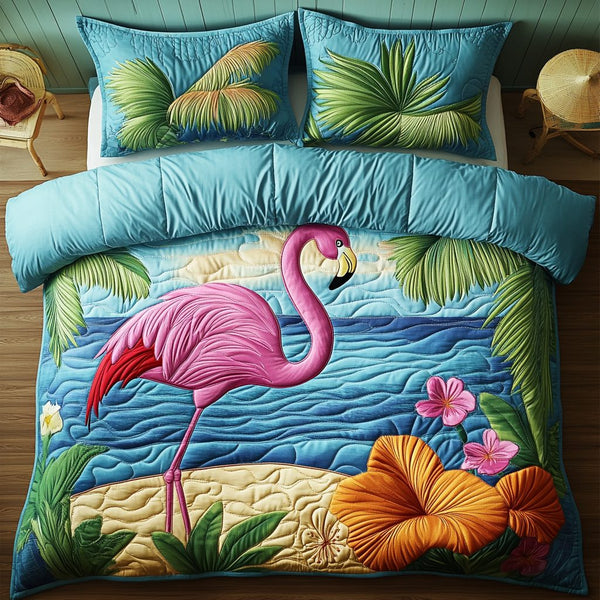 Sunset Serenade quilted 3-piece bedding set on a made bed with two matching pillow shams