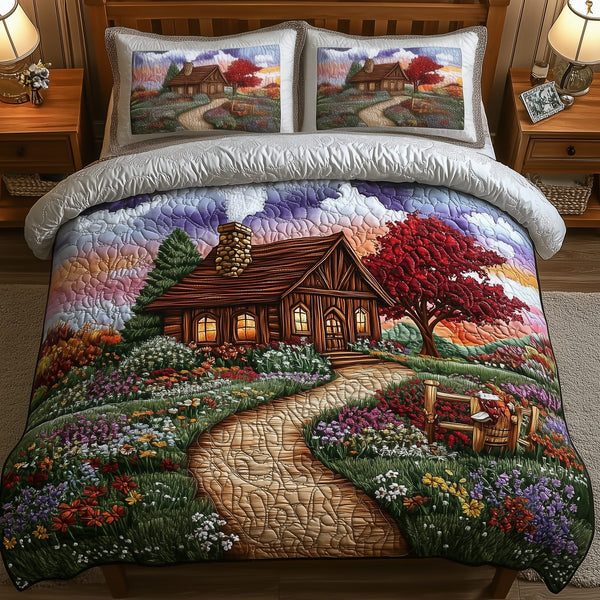 Sunset Serenity Homestead quilted 3-piece bedding set on a made bed in a rustic timber bedroom