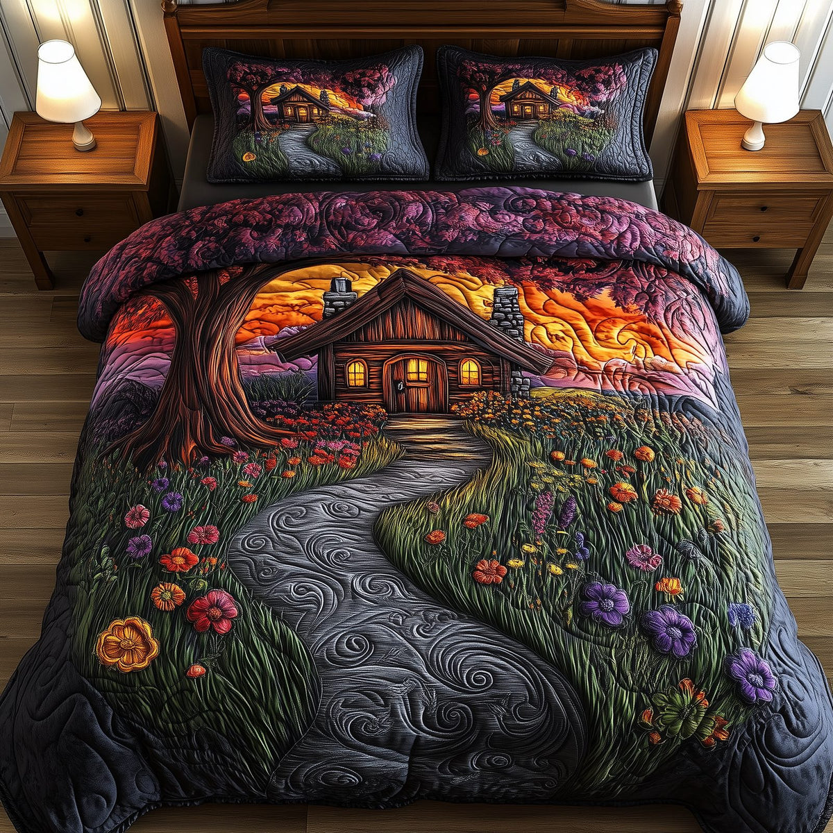 Sunset Serenity Homestead quilted 3-piece bedding set on a made bed in a rustic timber bedroom