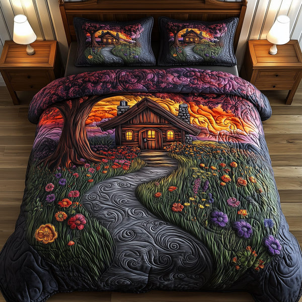 Sunset Serenity Homestead quilted 3-piece bedding set on a made bed in a rustic timber bedroom