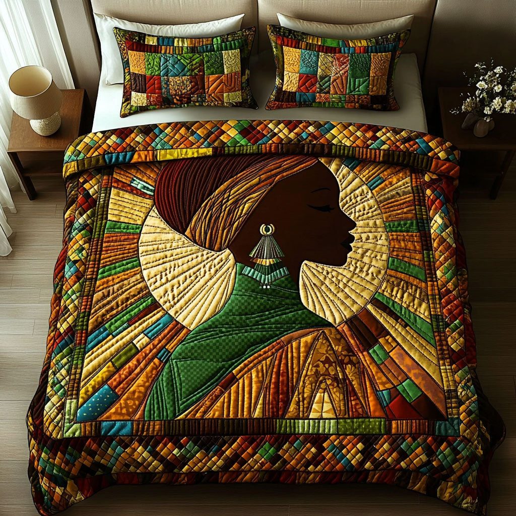 Sunset Serenity quilted 3-piece bedding set on a made bed with two matching pillow shams