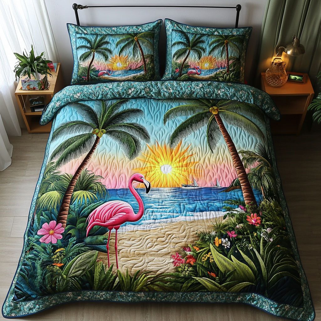 Sunset Serenity quilted 3-piece bedding set on a made bed with two matching pillow shams