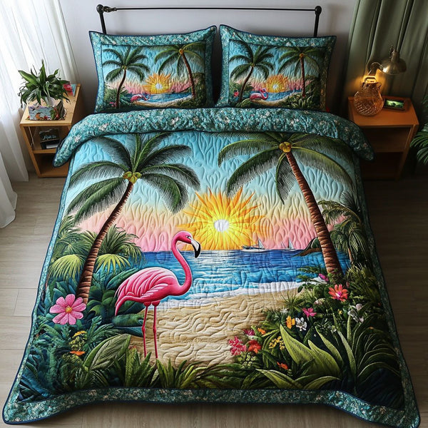 Sunset Serenity quilted 3-piece bedding set on a made bed with two matching pillow shams