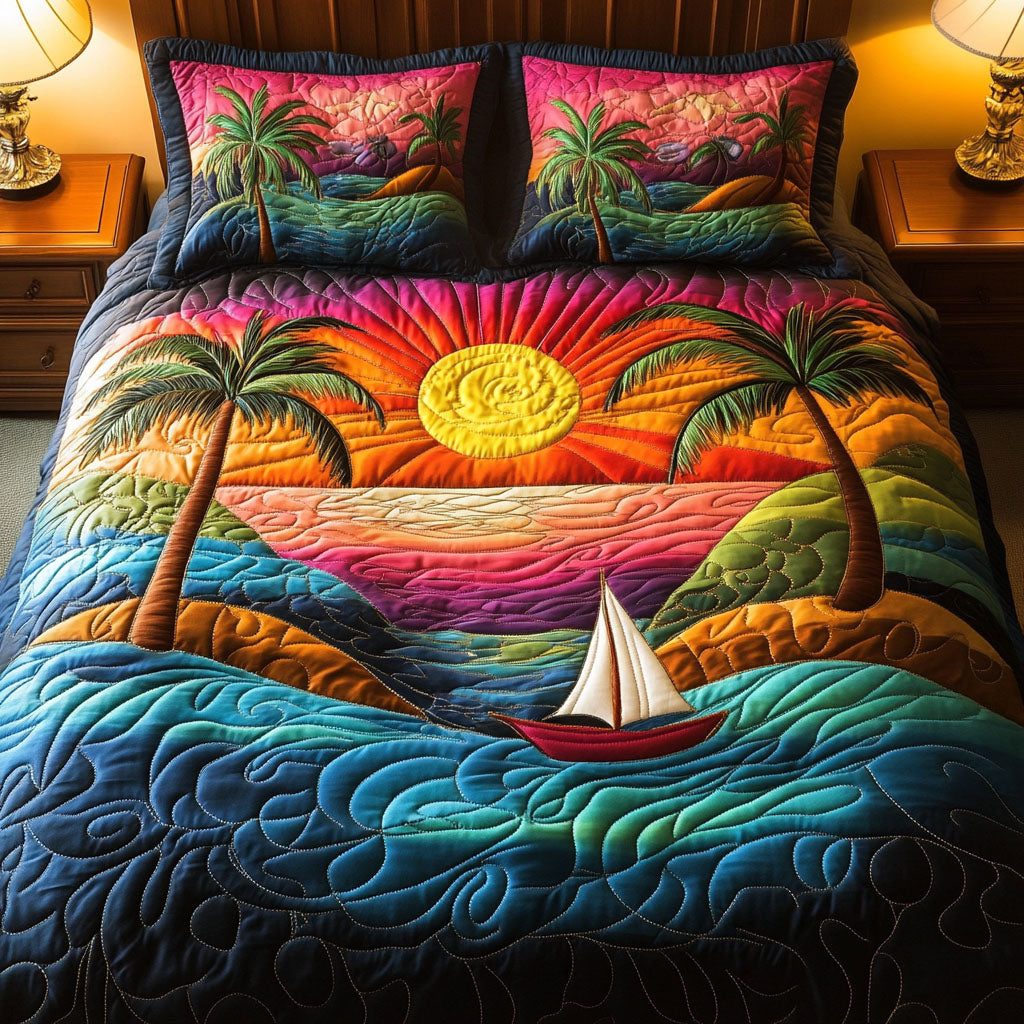 Sunset Serenity quilted 3-piece bedding set on a made bed with two matching pillow shams