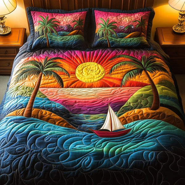 Sunset Serenity quilted 3-piece bedding set on a made bed with two matching pillow shams