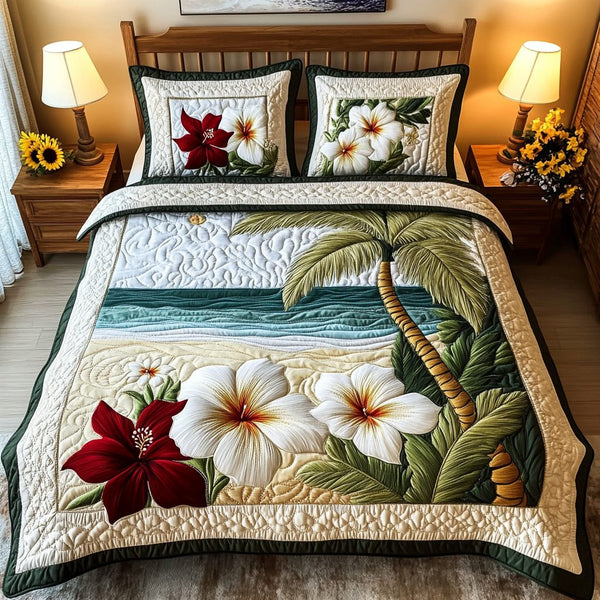 Sunset Serenity quilted 3-piece bedding set on a made bed with two matching pillow shams