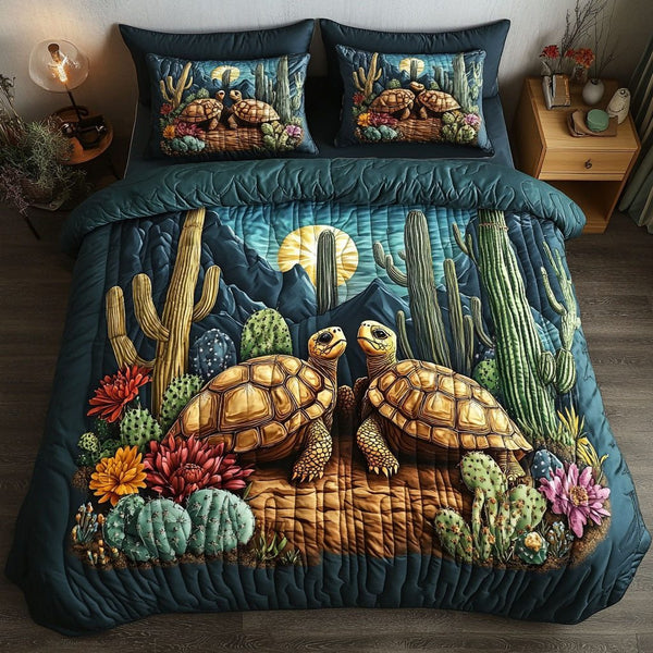 Sunset Shell quilted 3-piece bedding set on a made bed in a light coastal bedroom