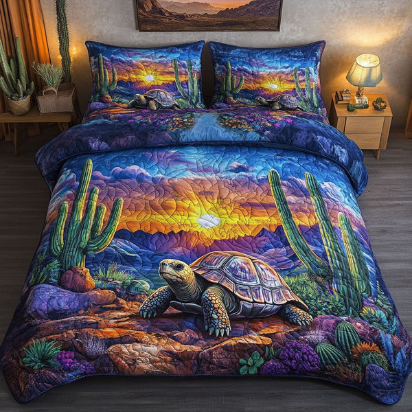 Sunset Shell quilted 3-piece bedding set on a made bed in a light coastal bedroom