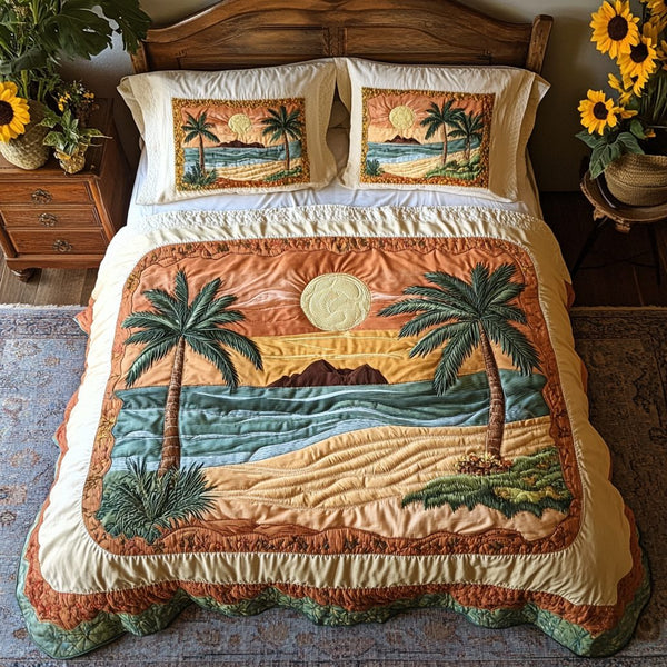 Sunset Shore quilted 3-piece bedding set on a made bed in a light coastal bedroom