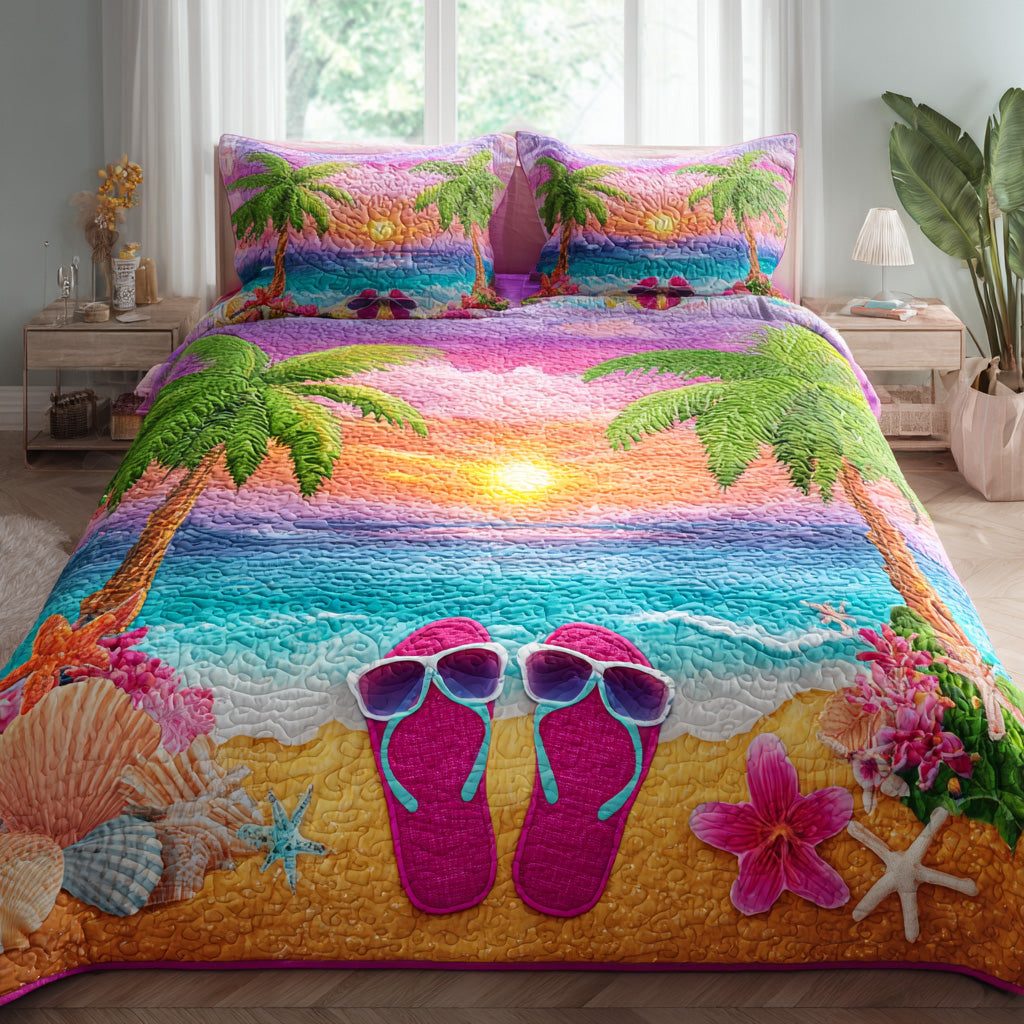 Sunset Shore quilted 3-piece bedding set on a made bed in a light coastal bedroom
