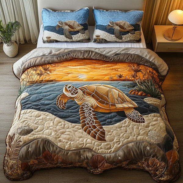 Sunset Shore Turtle quilted 3-piece bedding set on a made bed in a light coastal bedroom