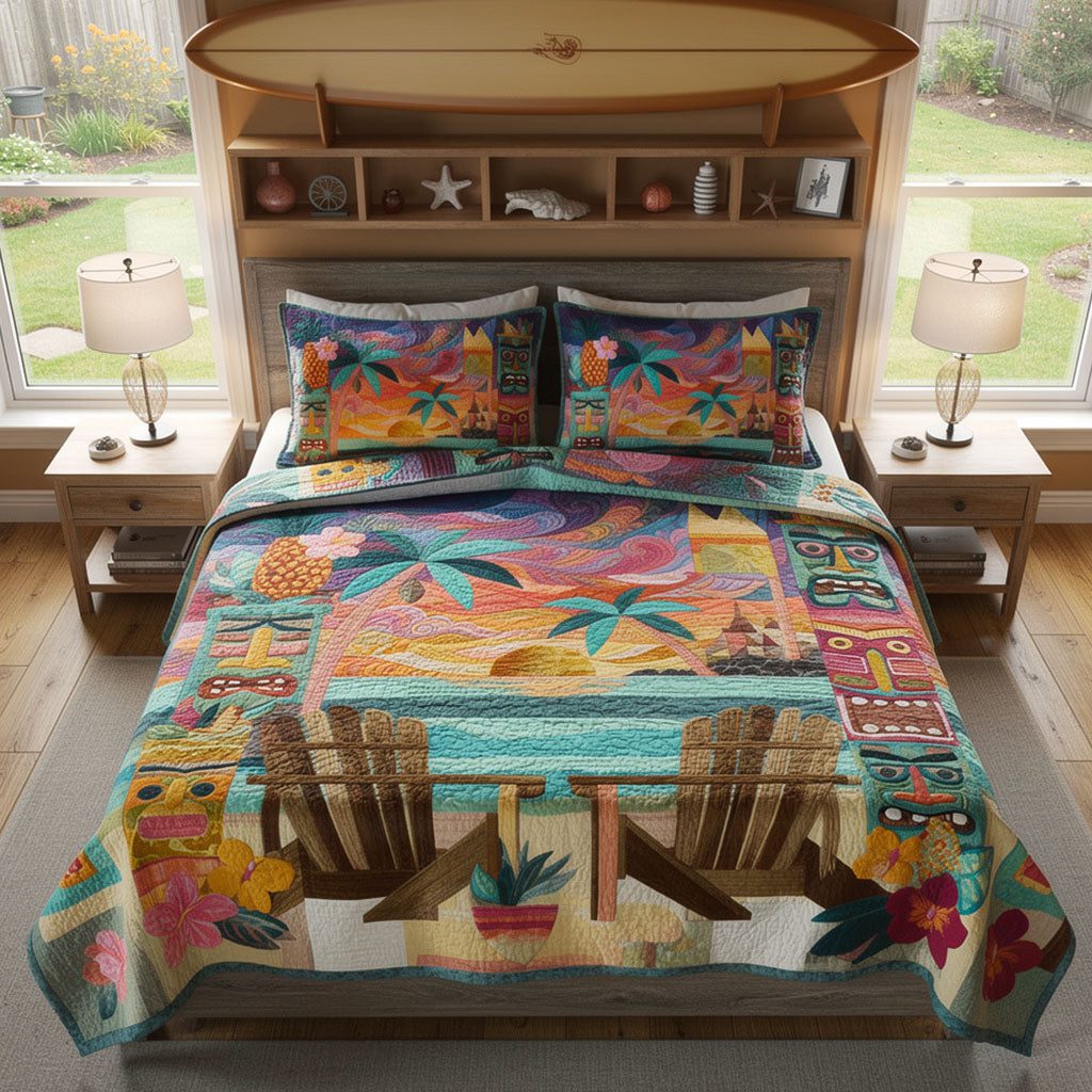 Sunset Shoreline quilted 3-piece bedding set on a made bed in a light coastal bedroom