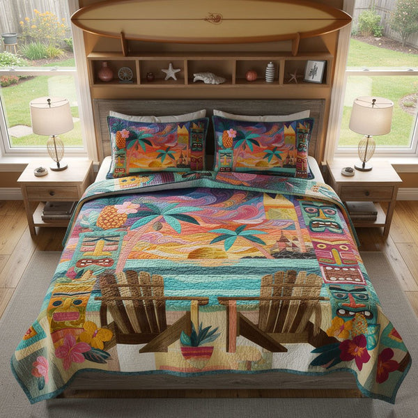 Sunset Shoreline quilted 3-piece bedding set on a made bed in a light coastal bedroom
