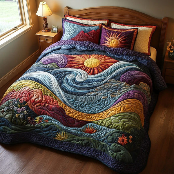 Sunset Shores quilted 3-piece bedding set on a made bed in a light coastal bedroom