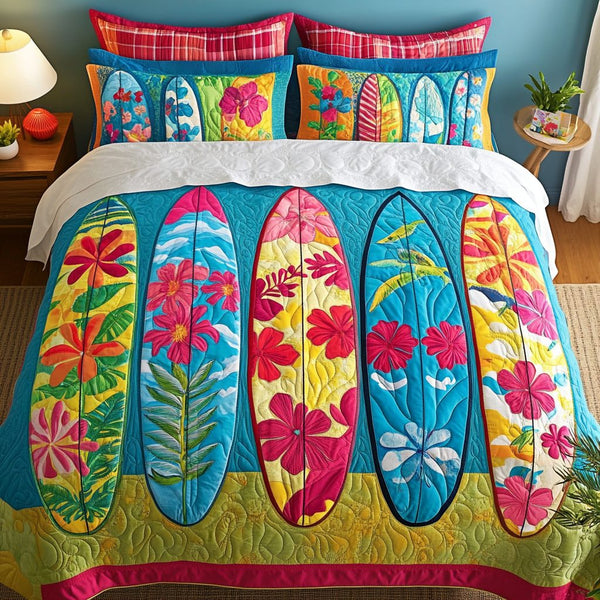 Sunset Shredder quilted 3-piece bedding set on a made bed with two matching pillow shams