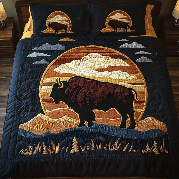 Sunset Silhouette quilted 3-piece bedding set on a made bed with two matching pillow shams