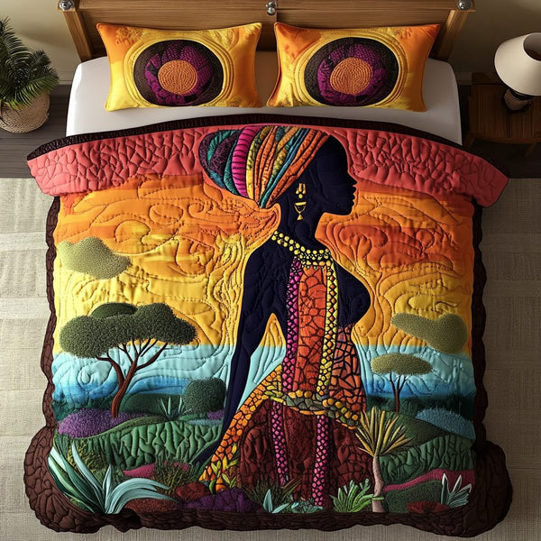 Sunset Sisters quilted 3-piece bedding set on a made bed with two matching pillow shams