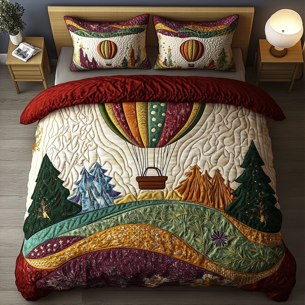 Sunset Soar quilted 3-piece bedding set on a made bed with two matching pillow shams