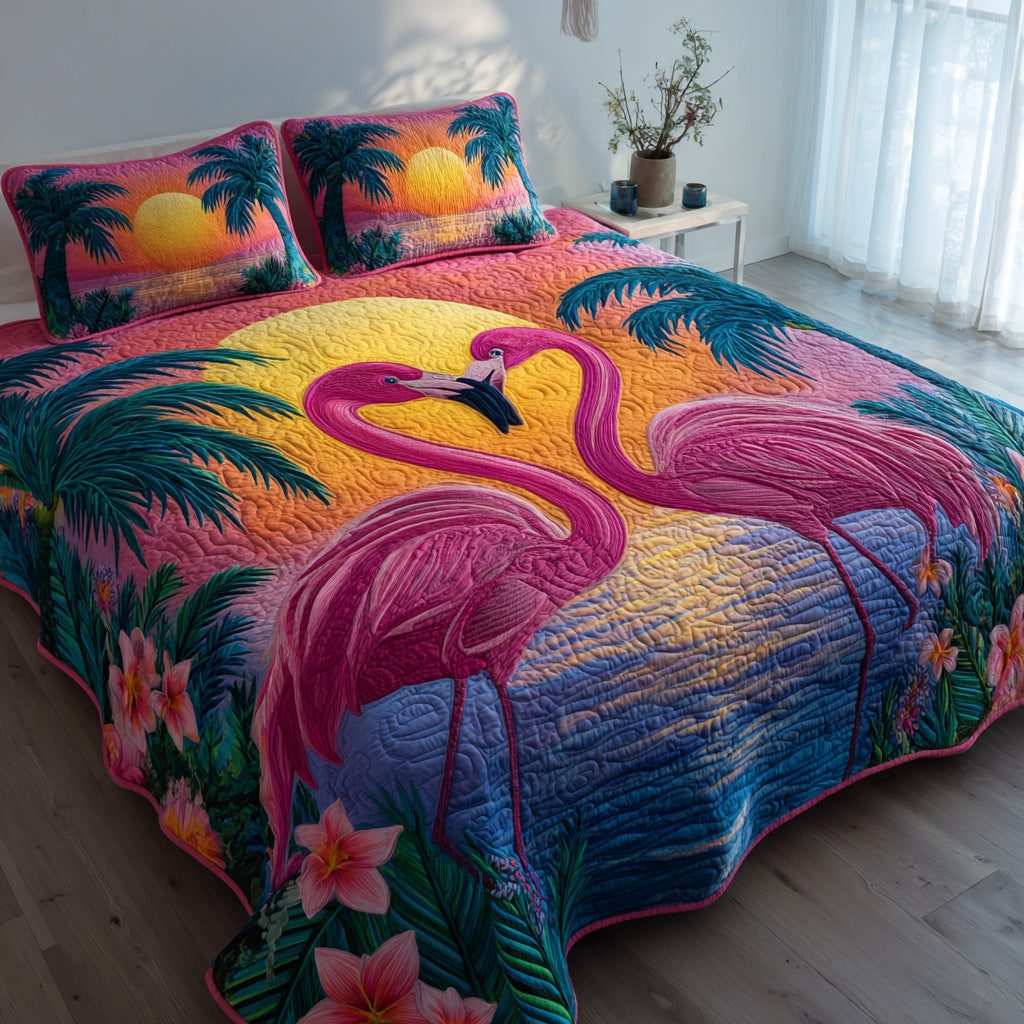 Sunset Soulmates quilted 3-piece bedding set on a made bed with two matching pillow shams