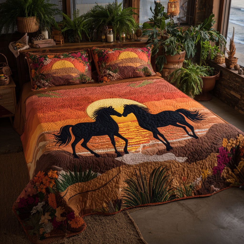 Sunset Stallion Romance quilted 3-piece bedding set on a made bed in a rustic timber bedroom