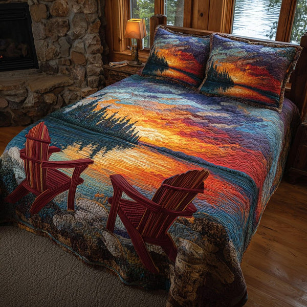 Sunset Stillness quilted 3-piece bedding set on a made bed with two matching pillow shams
