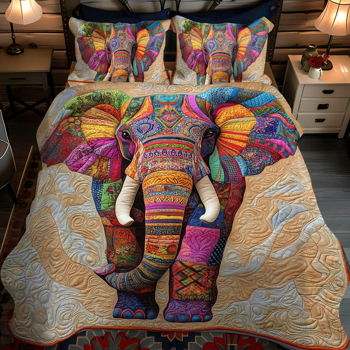 Sunset Strider quilted 3-piece bedding set on a made bed with two matching pillow shams