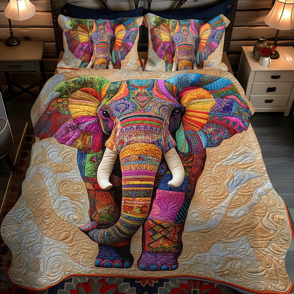 Sunset Strider quilted 3-piece bedding set on a made bed with two matching pillow shams
