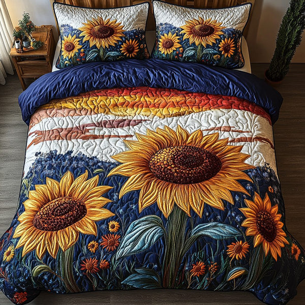 Sunset Sunflower Bliss quilted 3-piece bedding set on a made bed with two matching pillow shams