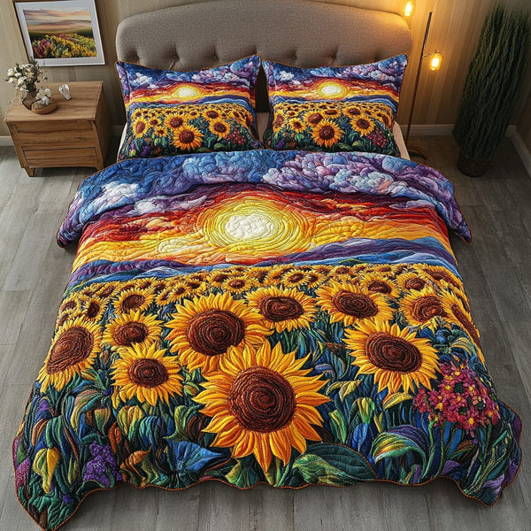 Sunset Sunflower Field quilted 3-piece bedding set on a made bed with two matching pillow shams