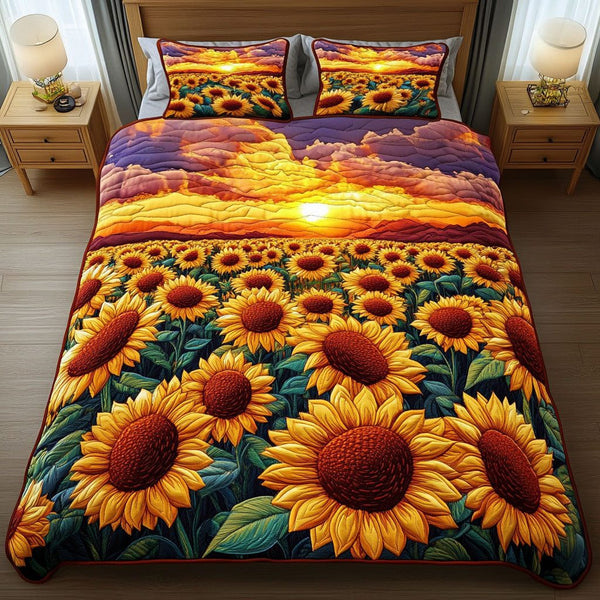 Sunset Sunflowers quilted 3-piece bedding set on a made bed with two matching pillow shams