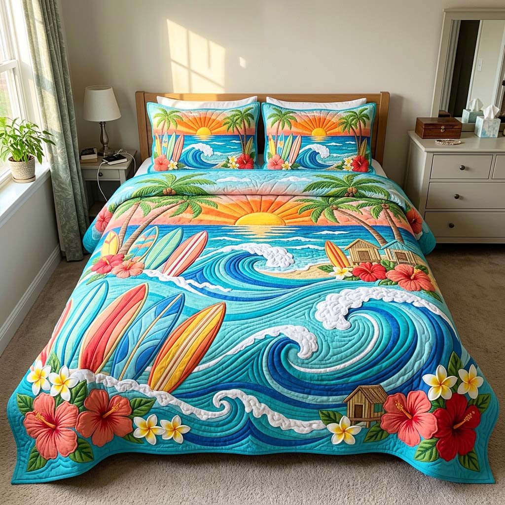 Sunset Surf quilted 3-piece bedding set on a made bed in a light coastal bedroom