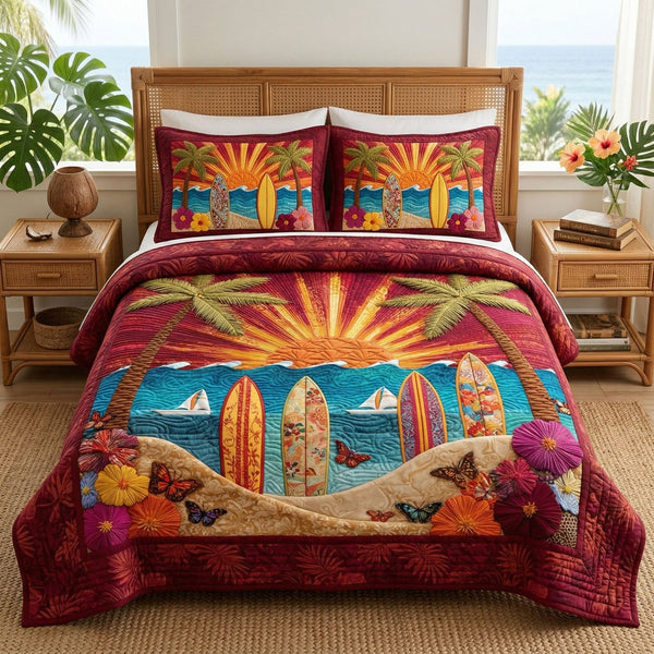 Sunset Surfboards quilted 3-piece bedding set on a made bed with two matching pillow shams