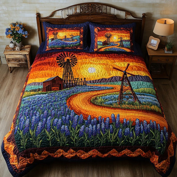 Sunset Texas quilted 3-piece bedding set on a made bed in a rustic timber bedroom