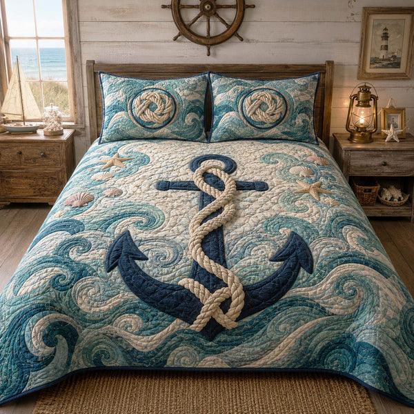 Sunset Tides quilted 3-piece bedding set on a made bed with two matching pillow shams