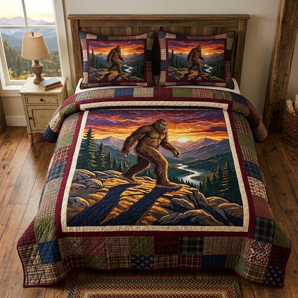 Sunset Trail Bigfoot quilted 3-piece bedding set on a made bed with two matching pillow shams