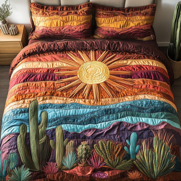 Sunset Trails quilted 3-piece bedding set on a made bed with two matching pillow shams