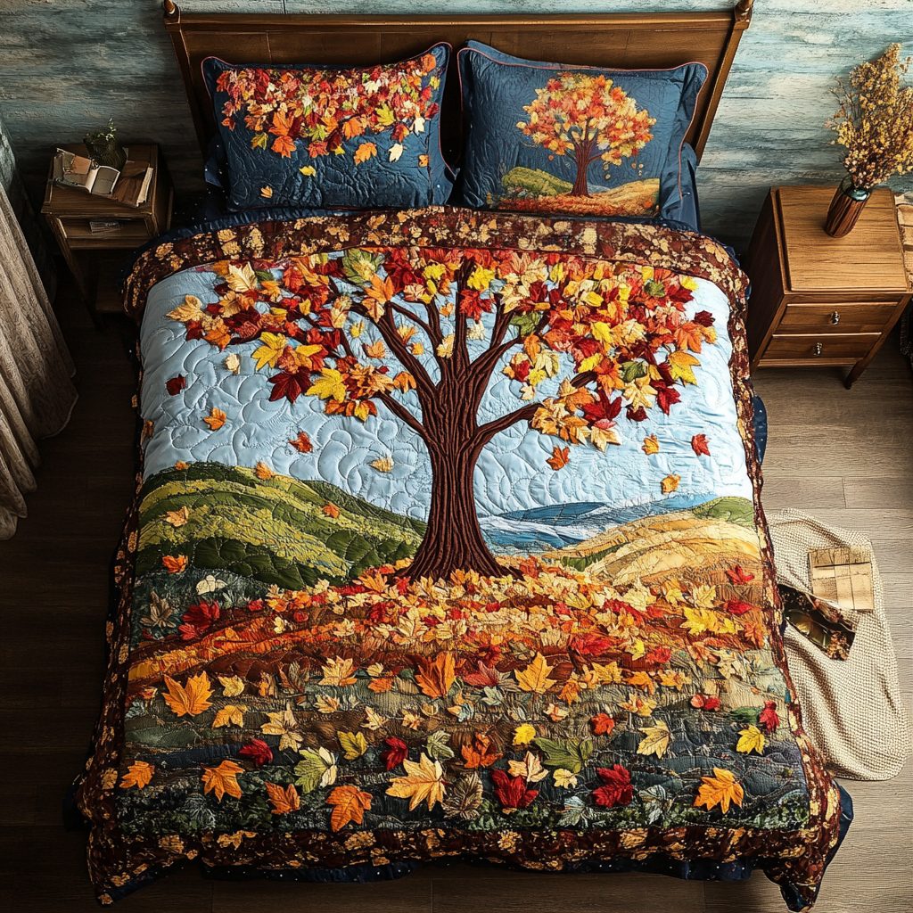Sunset Trees quilted 3-piece bedding set on a made bed with two matching pillow shams