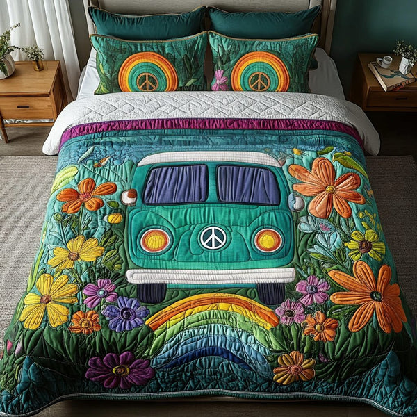 Sunset Trip quilted 3-piece bedding set on a made bed with two matching pillow shams