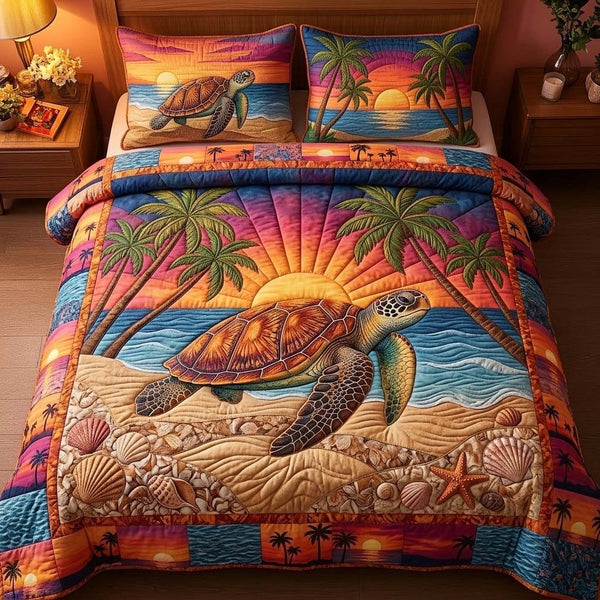Sunset Turtle Bay quilted 3-piece bedding set on a made bed in a light coastal bedroom