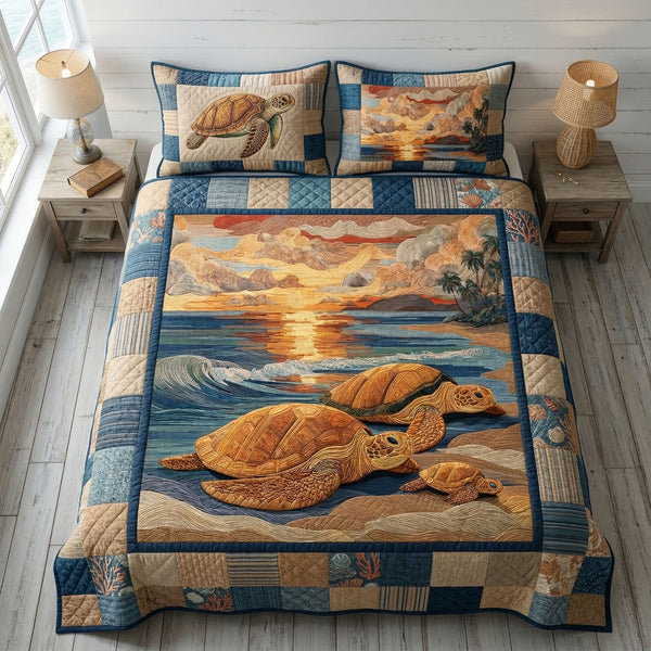Sunset Turtle Shore quilted 3-piece bedding set on a made bed in a light coastal bedroom