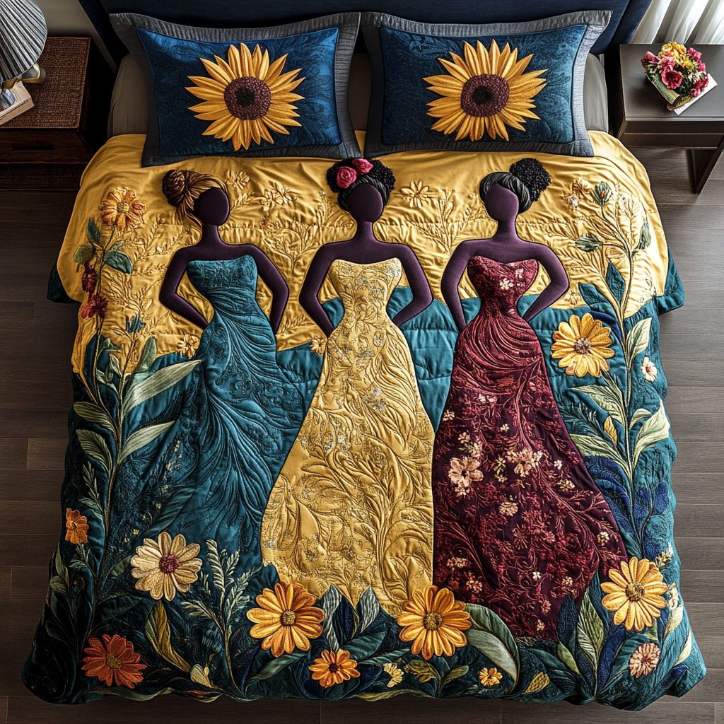 Sunset Unity quilted 3-piece bedding set on a made bed with two matching pillow shams