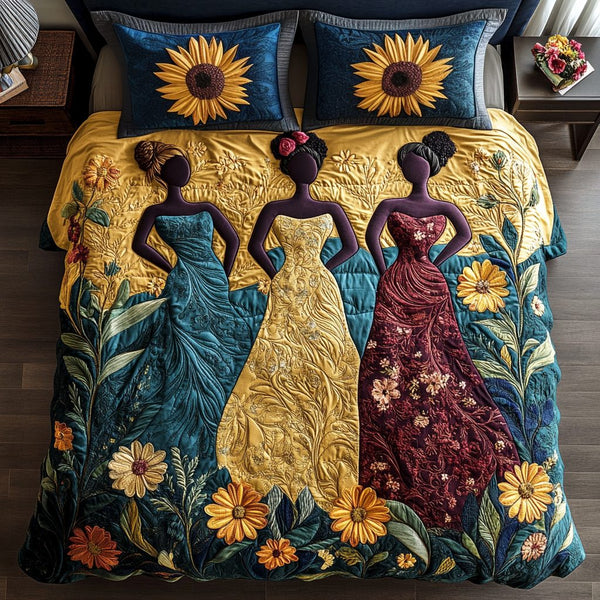Sunset Unity quilted 3-piece bedding set on a made bed with two matching pillow shams