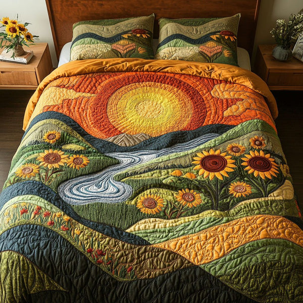 Sunset Valley quilted 3-piece bedding set on a made bed with two matching pillow shams