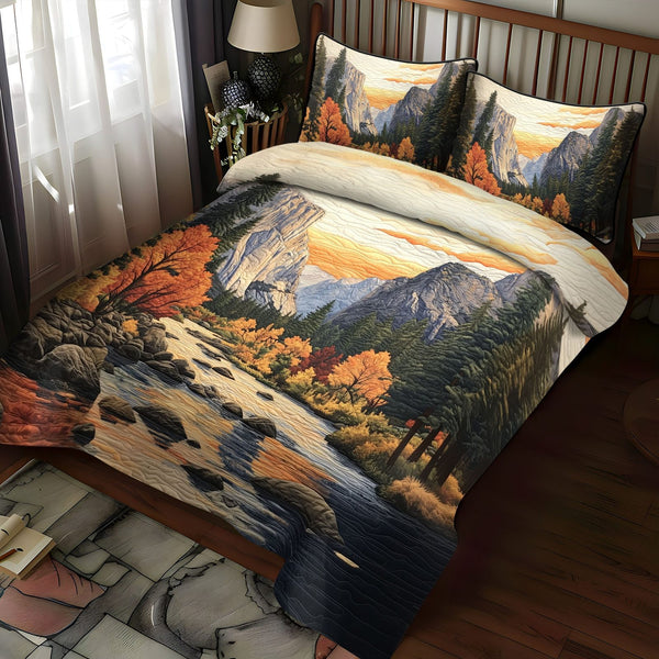 Sunset Valley quilted 3-piece bedding set on a made bed with two matching pillow shams