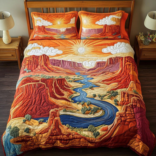 Sunset Valley quilted 3-piece bedding set on a made bed with two matching pillow shams